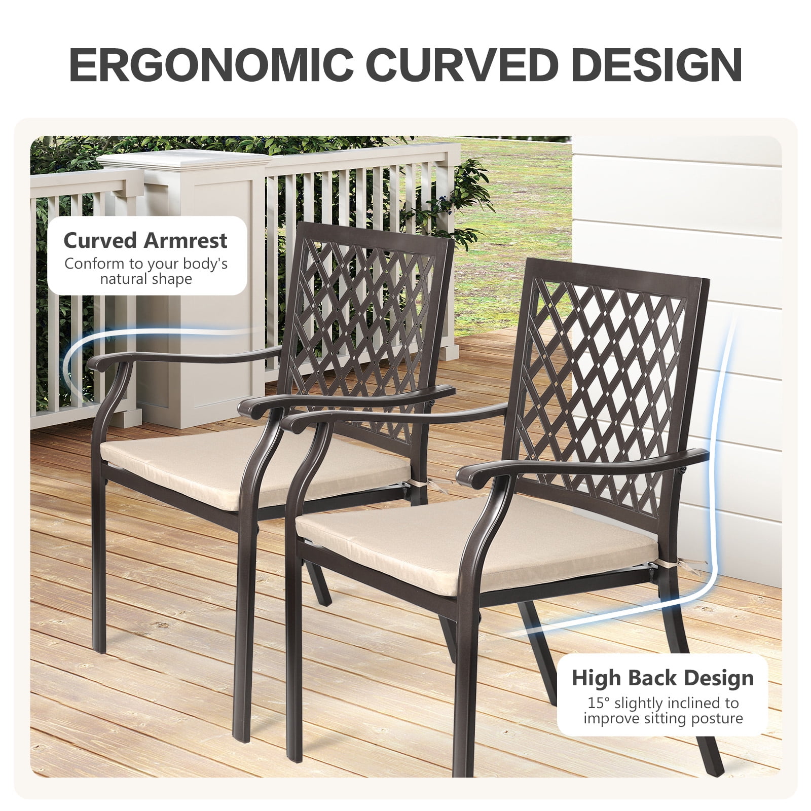 Aoodor Patio Outdoor Dining Chairs Set of 2, Stackable Metal Chairs with Armrests and Cushions for Lawn, Garden, Yard