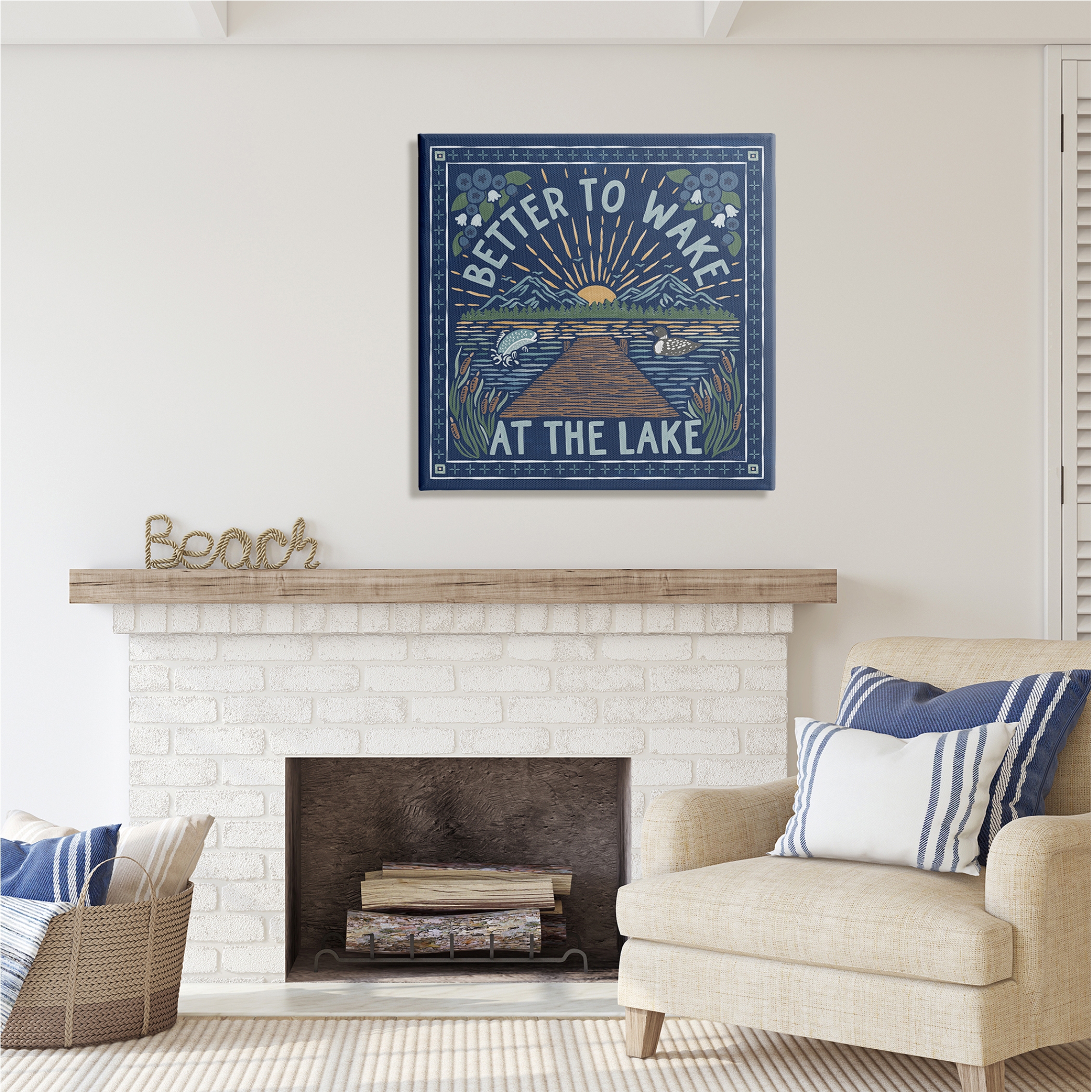 Stupell Industries Blue Wake at Lake Phrase Nature Painting Gallery Wrapped Canvas Print Wall Art, 30 x 30