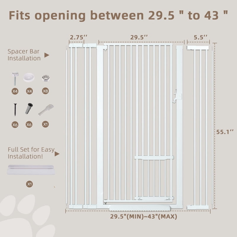 Cat Gate,Domipet 55"Extra Tall Pet Dog Gate with Cat Door, 29.5''-43''Wide Gate for Cats,Walk Through Indoor for Doorways,White