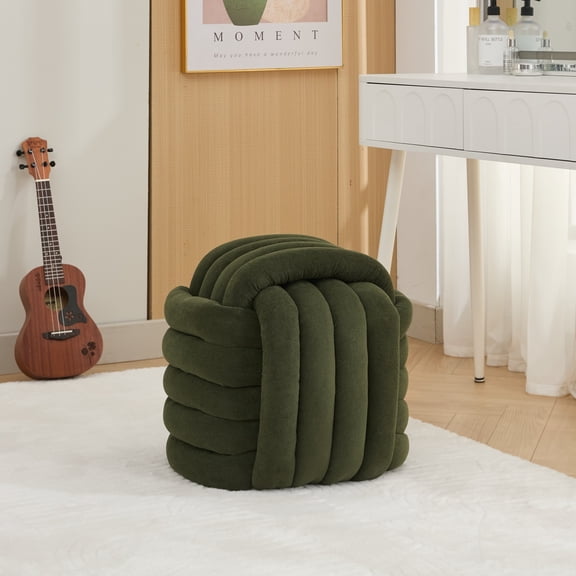Noble House Girel 19" Chenille Modern Knot Design Ottoman Stool, Stylish Woven Makeup Vanity Footstool, Green