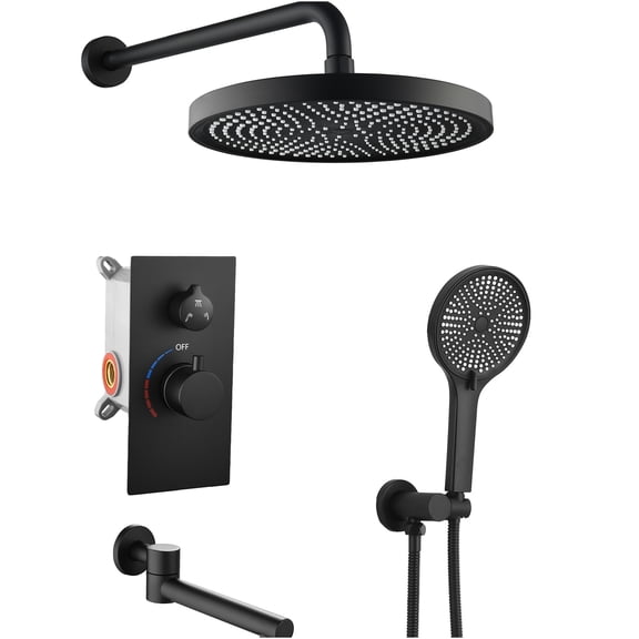 JERFIT 10 inch Rainfall Matte Black Shower System Set, 3-Function with Handheld Showerhead and Tub Spout, Wall Mount Brass Valve for Bathroom