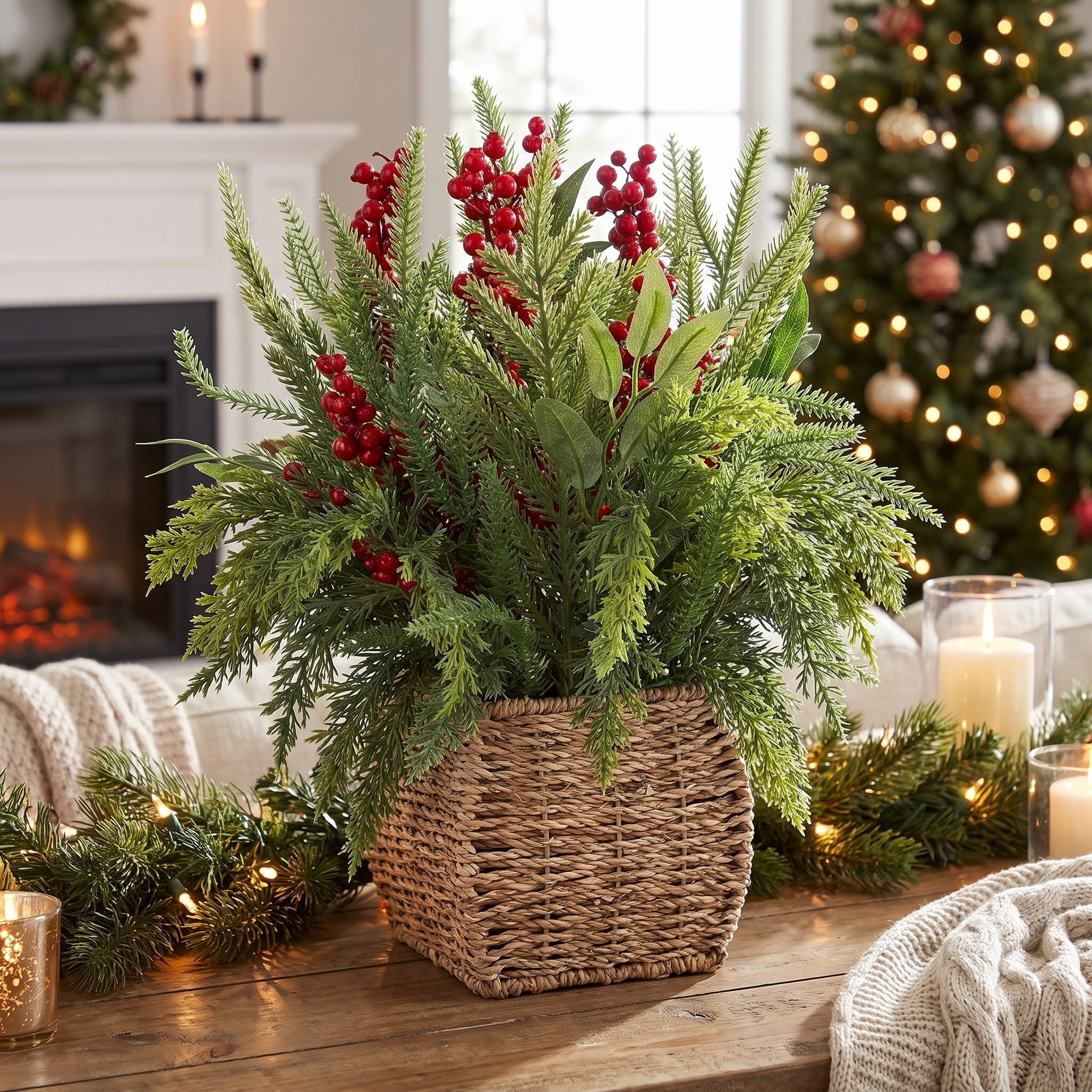 Berry and Greenery Arrangement in Woven Basket Christmas Decoration, Multicolor, 15.5", by Holiday Time