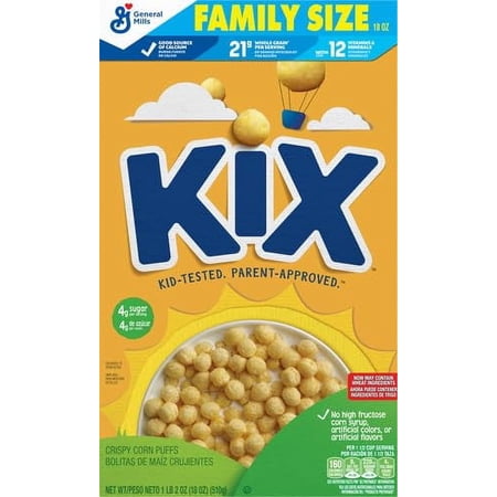 Kix Whole Grain Breakfast Cereal, Crispy Corn Cereal Puffs, Family Size, 18 oz