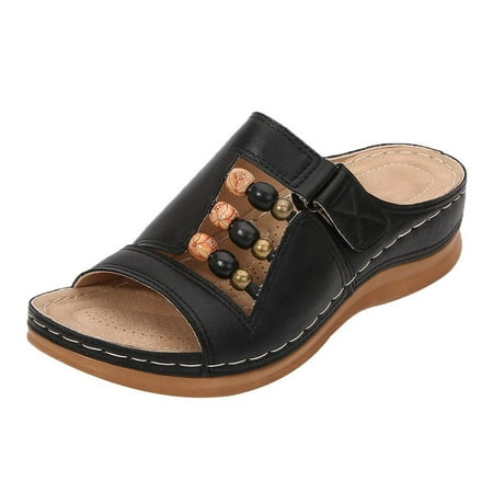 

Sandals Women Beach Vacation Sandals Vintage Beaded Bohemian Sandals Open Toe Wedge Roman Sandals