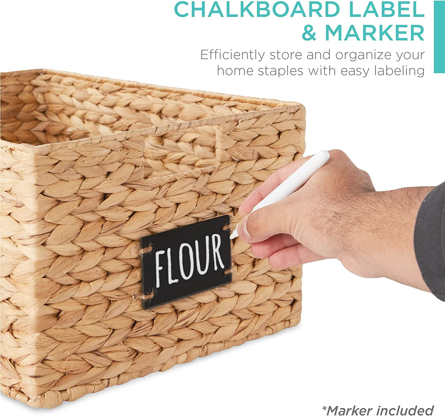 Pantry Baskets Set of 2 16x12in Water Hyacinth Storage Baskets, Woven Wicker Kitchen Organizers with handles w/Chalkboard Label Chalk Marker - Natural
