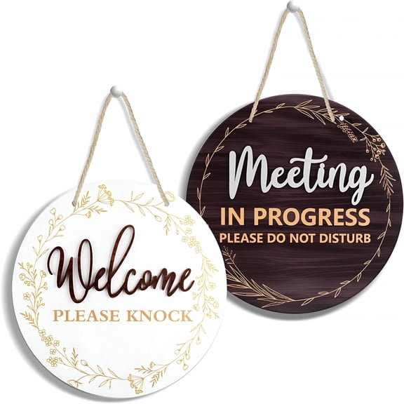 CCOCC Meeting in Progress Door Sign - Double-Sided Wood In A Meeting Sign for Office Door,Conference Room Decoration,Do Not Disturb,Welcome Please Knock,9.8 Inch Round