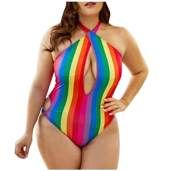 One Piece Swimsuit for Women Plus Size One-Piece Rainbow Stripe Print Halter Beachwear Swimwer