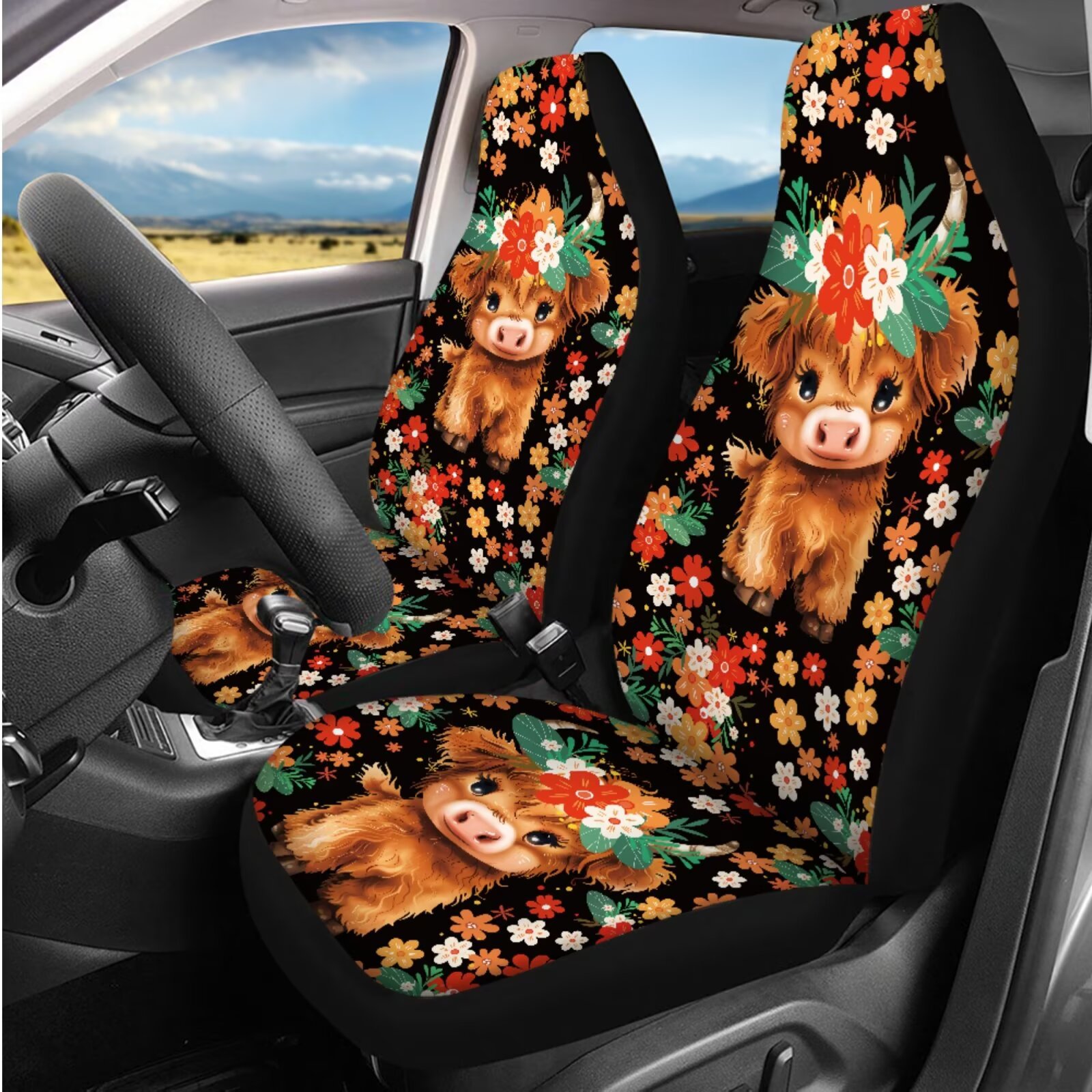 Yuyamidu Highland Cow Auto Seat Cover Full Set 14 Pack Car Accessories Colorful Flower Steering Wheel Cover Armrest Cover Seatbelt Shoulder Pad Headrest Covers Cup Mat Key Ring