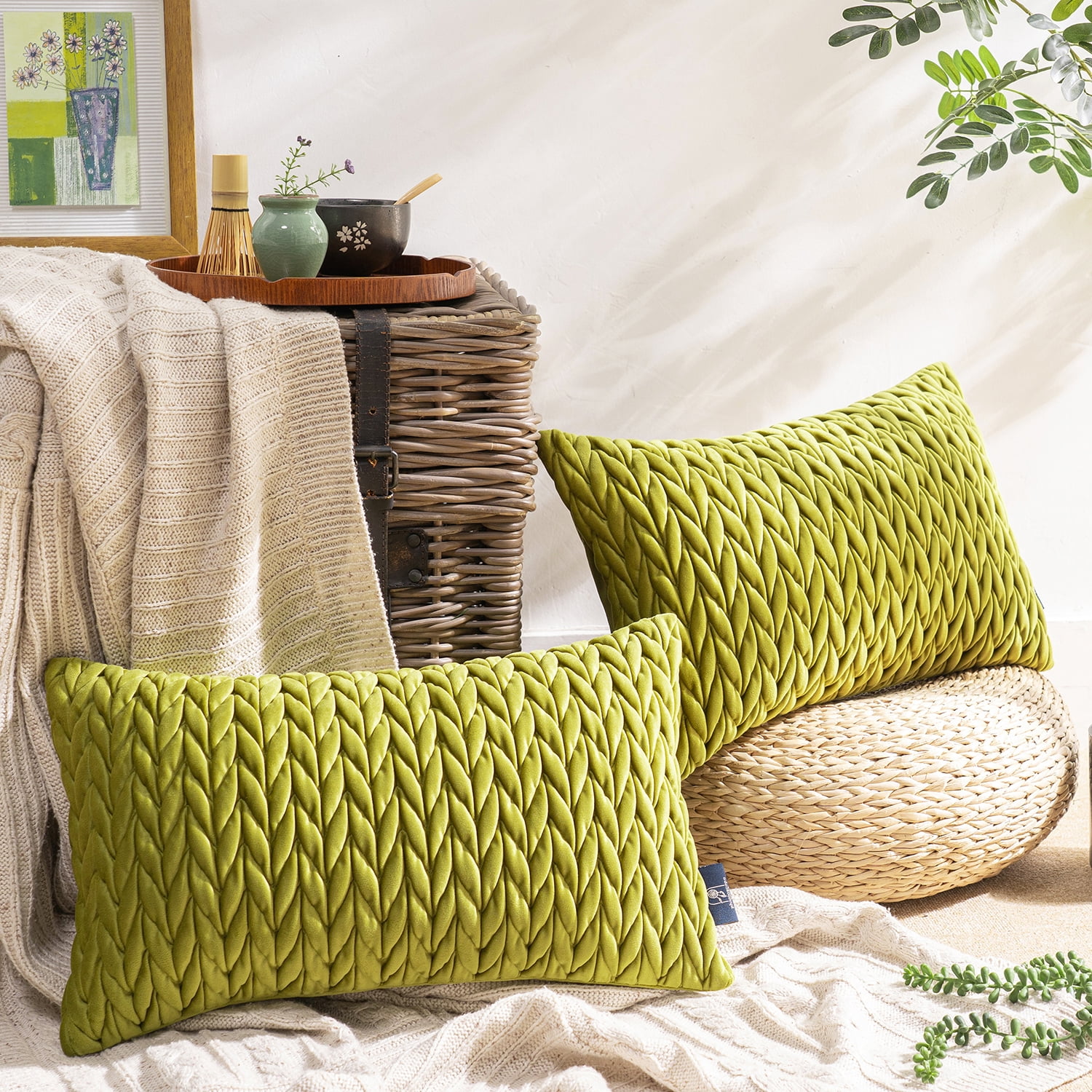 Phantoscope Quilted Velvet Lumbar Decorative Throw Pillows with Inserts, Braided Texture, Light Green, 12 x 20 in, 2 Pack