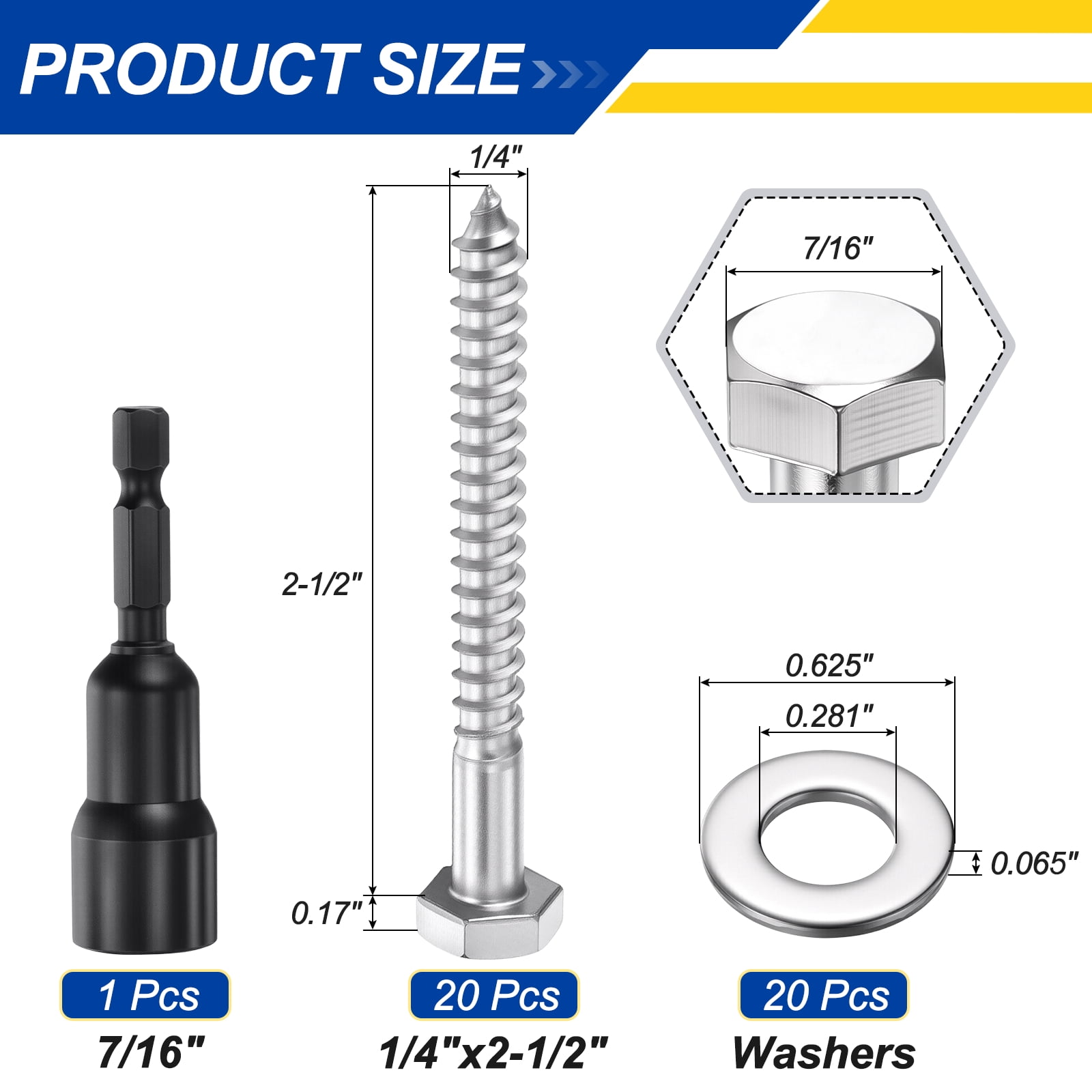 Uxcell 20Set Hex Head Lag Screw - 1/4"x2-1/2" Stainless Steel 18-8 (304) Lag Bolt Hexagon Head Heavy Duty Wood Screw Kit with Washer & Driver Bit for Wood, Deck, Fence, Furniture, Silver