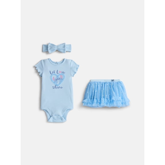 Stitch Baby Girls Graphic Bodysuit and Skirt Set with Matching Headband, 3-Piece, Sizes 0/3M-24M