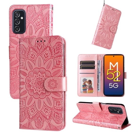 SaniMore for Samsung Galaxy A34 5G Wallet Case, Shockproof PU Leather Stand Cover with Card Slot Flip Kickstand Embossed Flower Magnetic Clasp Wrist Strap for Samsung A34 5G, Rosegold