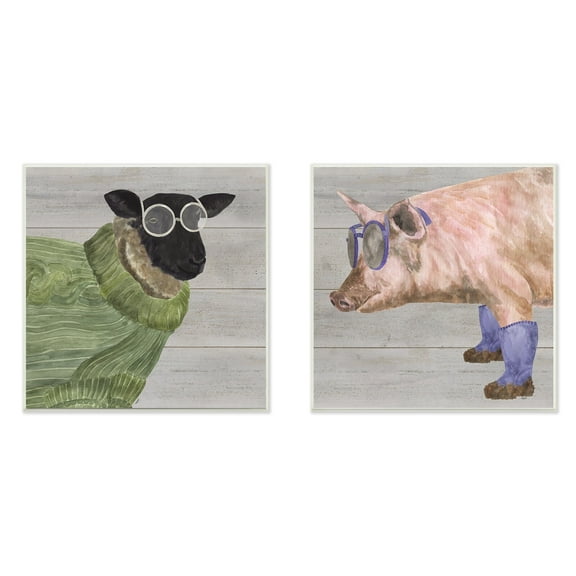 Stupell  Stylish Barnyard Animal Paintings 2pc Multi Piece Wood Wall Art Set, 12 x12 - 12 x 12