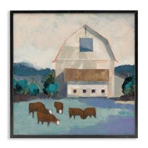 Stupell Industries Barnyard Grazing Cattle Landscape Painting Black Framed Art Print Wall Art, 24 x 24