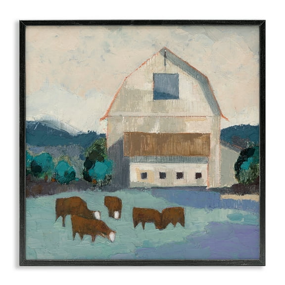 Stupell Industries Barnyard Grazing Cattle Landscape Painting Black Framed Art Print Wall Art, 24 x 24