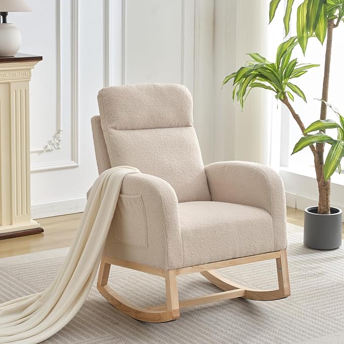 Leather Glider Chair, Modern Rocking Chair, Nursery Faux Leather Glider Chair with Rubber Wood Legs and Side Pocket, Rocking Accent Armchair for Living Room, Bedroom, Beige