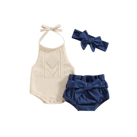 Wassery Infant Baby Girl Clothes Set Solid Color Tie-Up Halter Neck Knit Sweater Romper Denim Shorts with Belt Headband 3Pcs 3M 6M 12M 18M Toddler Girls Summer Outfit
