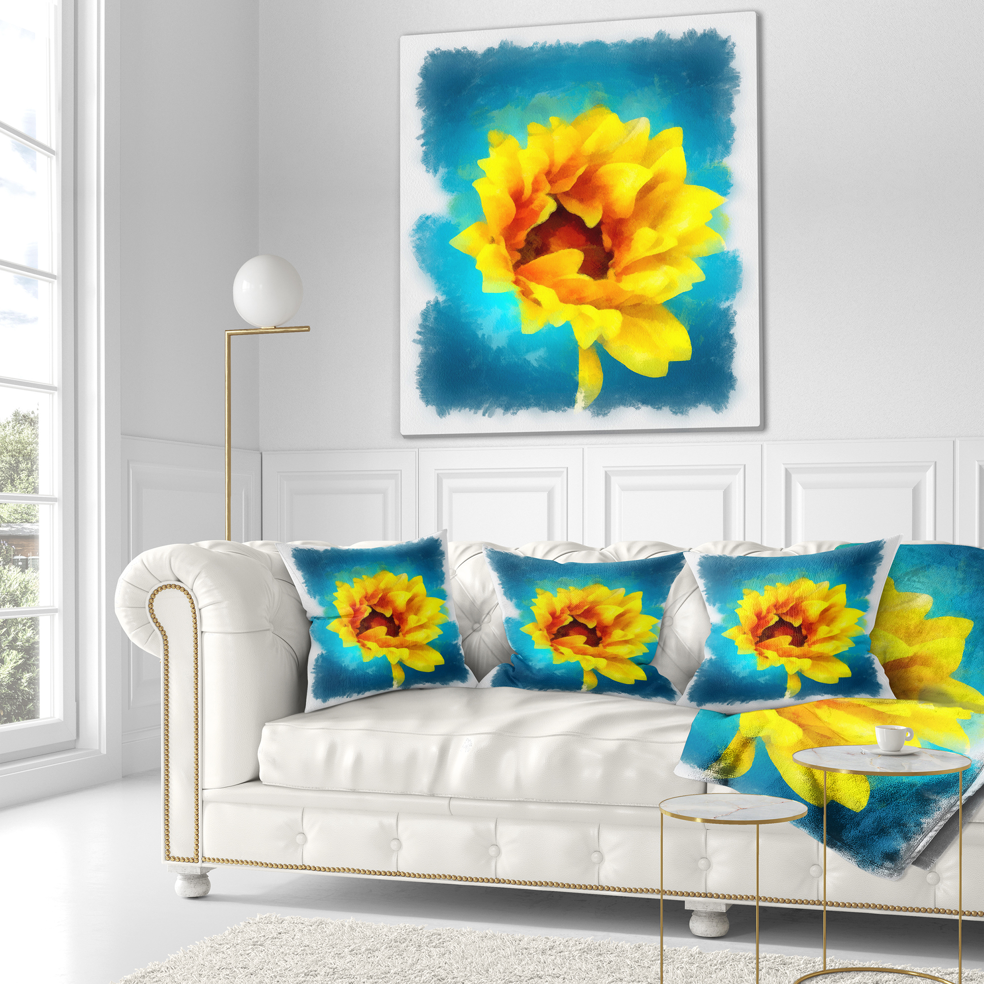 Designart Sunflower on Blue Watercolor - Floral Throw Pillow - 16x16