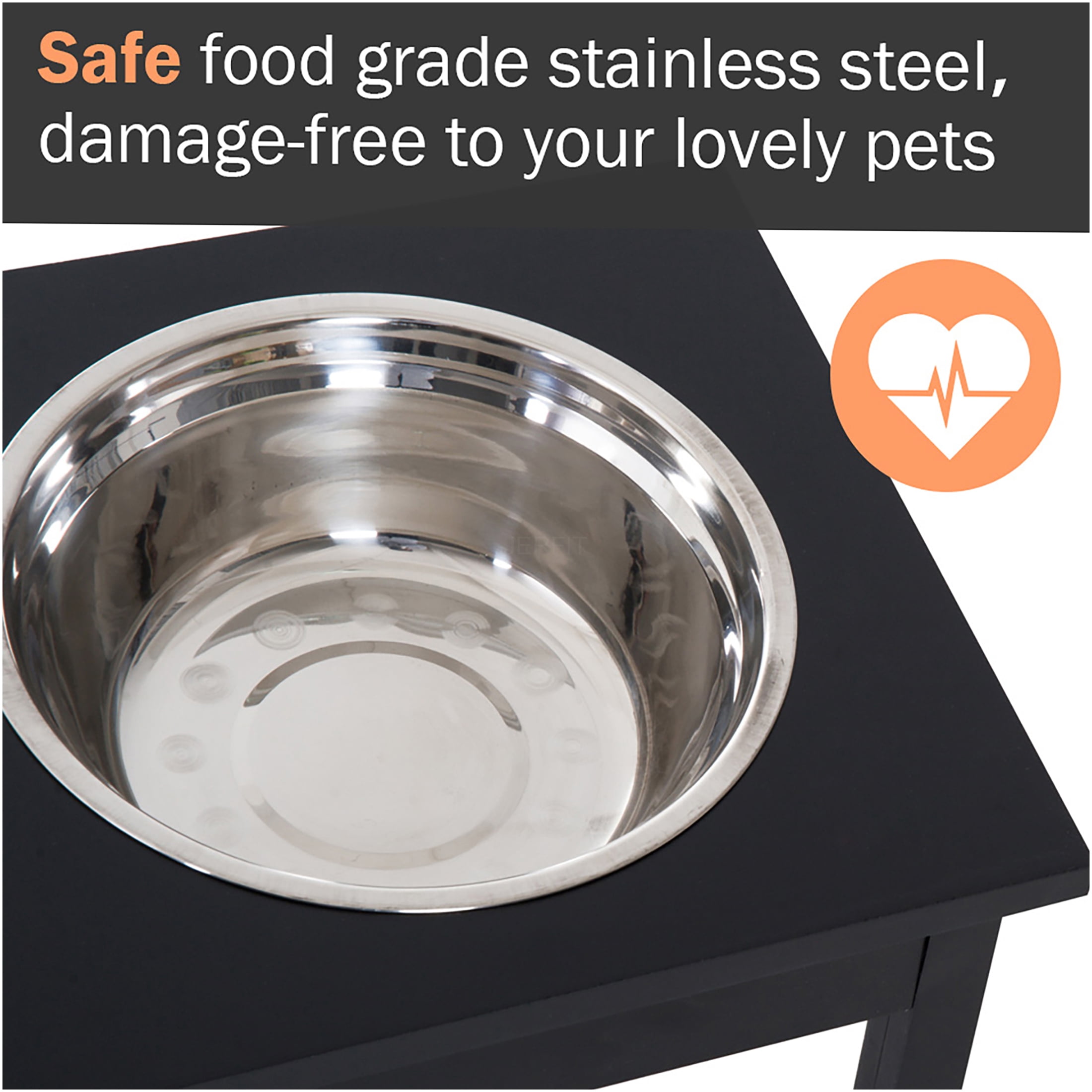 JERFIT 23 Inch Elevated Dog Feeder Stand with 2 Stainless Steel Bowls, Anti-Slip Pet Dining Station for Improved Digestion, Wooden Raised Food & Water Bowl Holder for Medium Large Dogs, Black