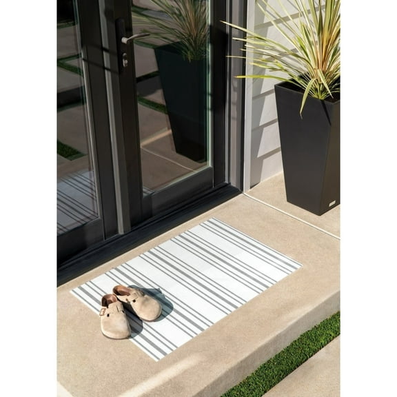 Veradek Ticking Striped Rectangular Outdoor Accent Rug - 24" x 36" - Beige and Green