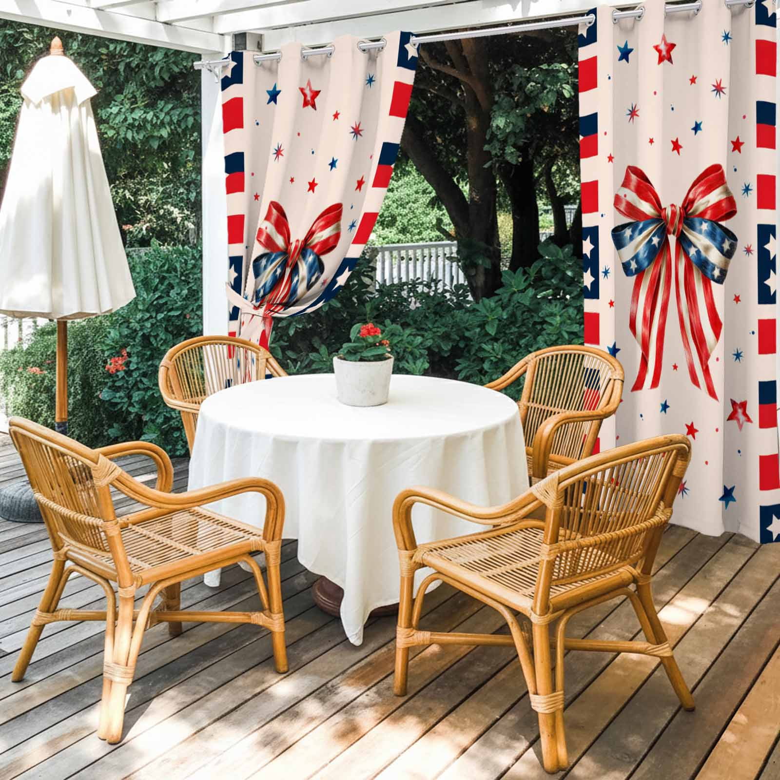 Independence Day Bow Outdoor Curtains for Patio, 4th of July US Flag Red Blue Stripe Star Sunshade Privacy Drapes Grommet Waterproof Outside Curtains for Porch/Cabana/Balcony 54"x 108", 1 Panel