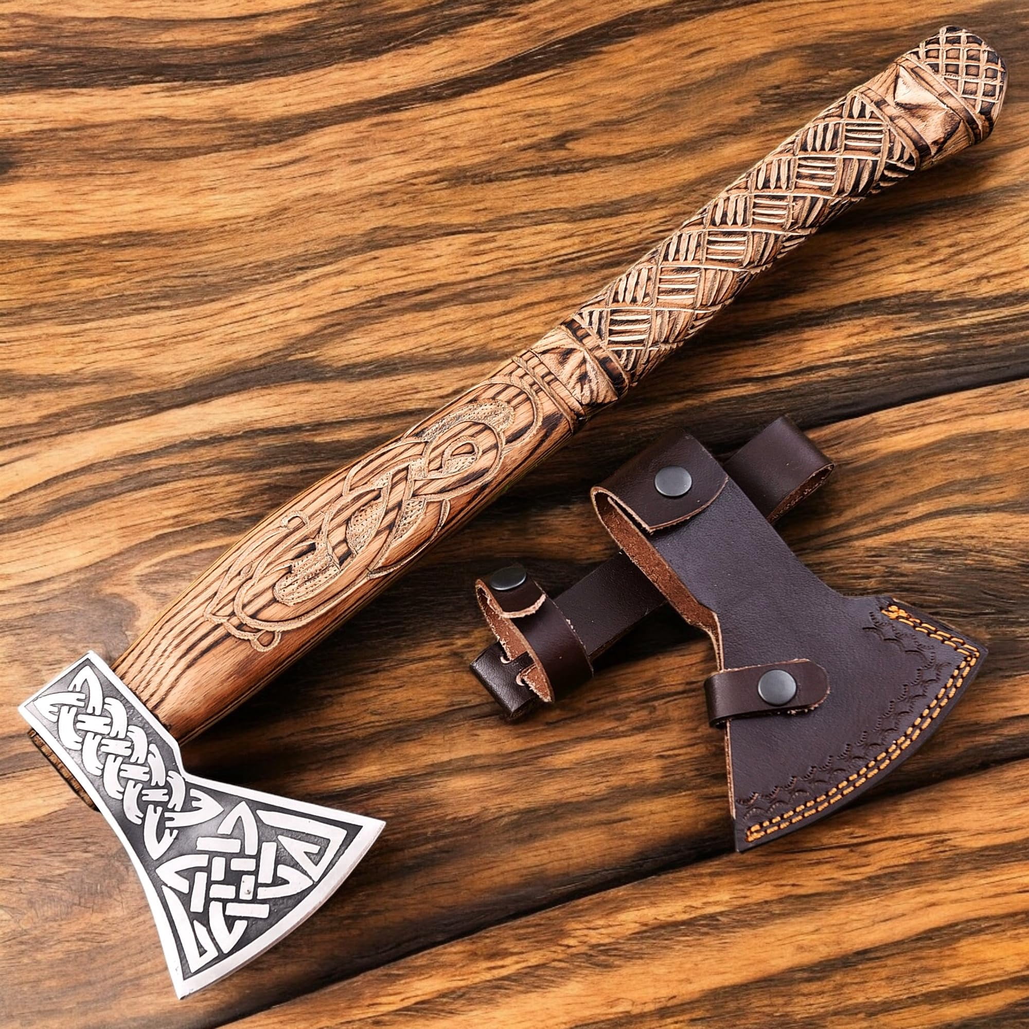 Poshland AX-7615 Handmade Camping Hatchet with Wooden Handle, Carbon Steel Outdoor Chopping Tool with Leather Sheath (22”)