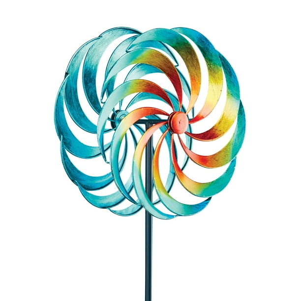 Vibrant Rainbow Double Wind Spinner Garden Stake Display in Yard