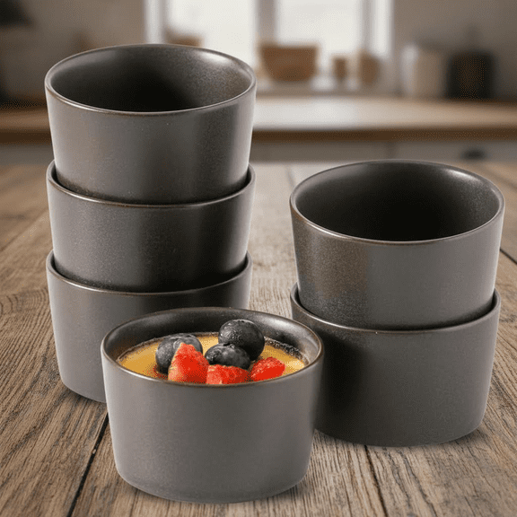 Matte Black Ceramic Ramekins Set of 6, 2.5 oz Oven-Safe Mini Custard Cups for Baking Creme Brulee, Souffle, and Desserts