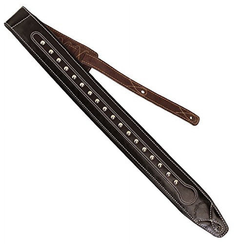 walker & williams c-35 custom black & brown premium top grain leather padded guitar strap with metal studs