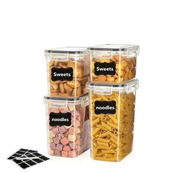 YHIPL 4Pcs Airtight Food Storage Containers with Lids,Pantry Storage Container for Cereal,Dry Food,BPA Free,Includes 24 Labels