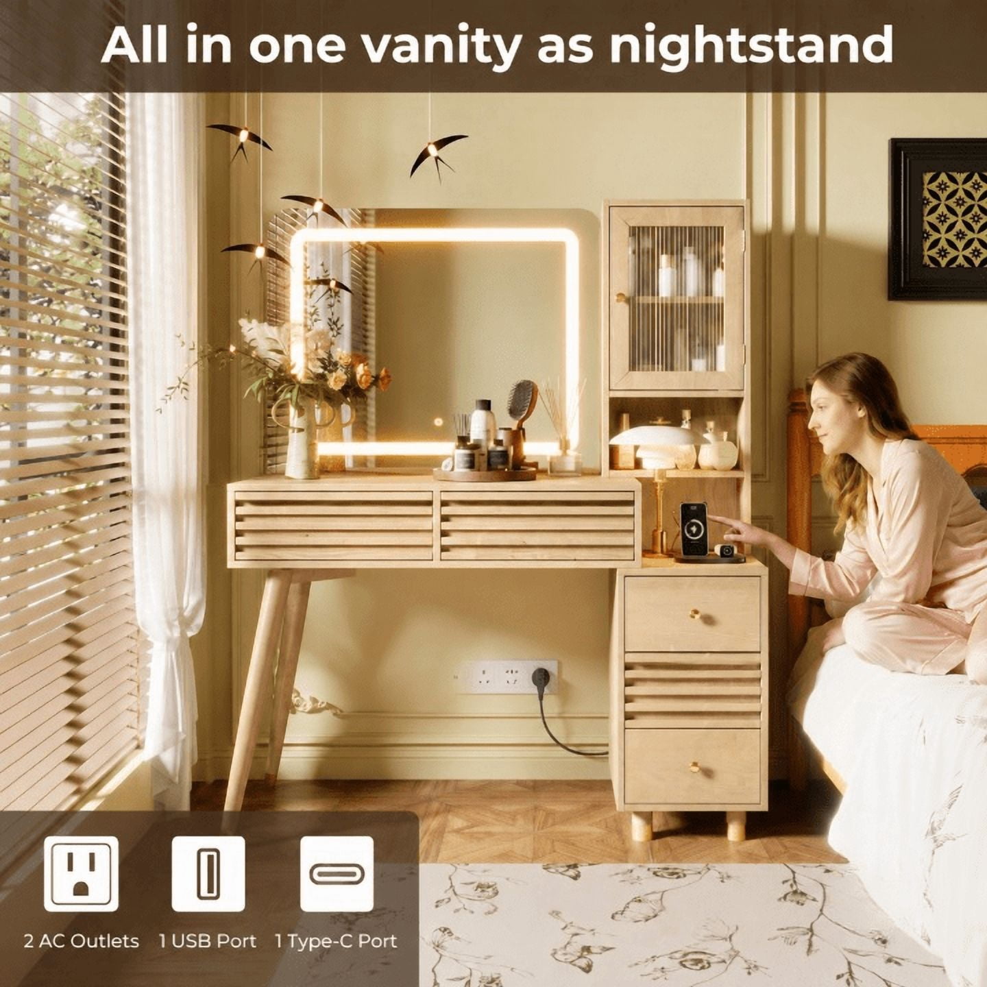 GARITIN Makeup Vanity Desk 45.9 Inch, Dressing Table with Mirror and LED Lights, 5 Drawers and Fluted Glass Storage Cabinet with Power Outlet, Natural