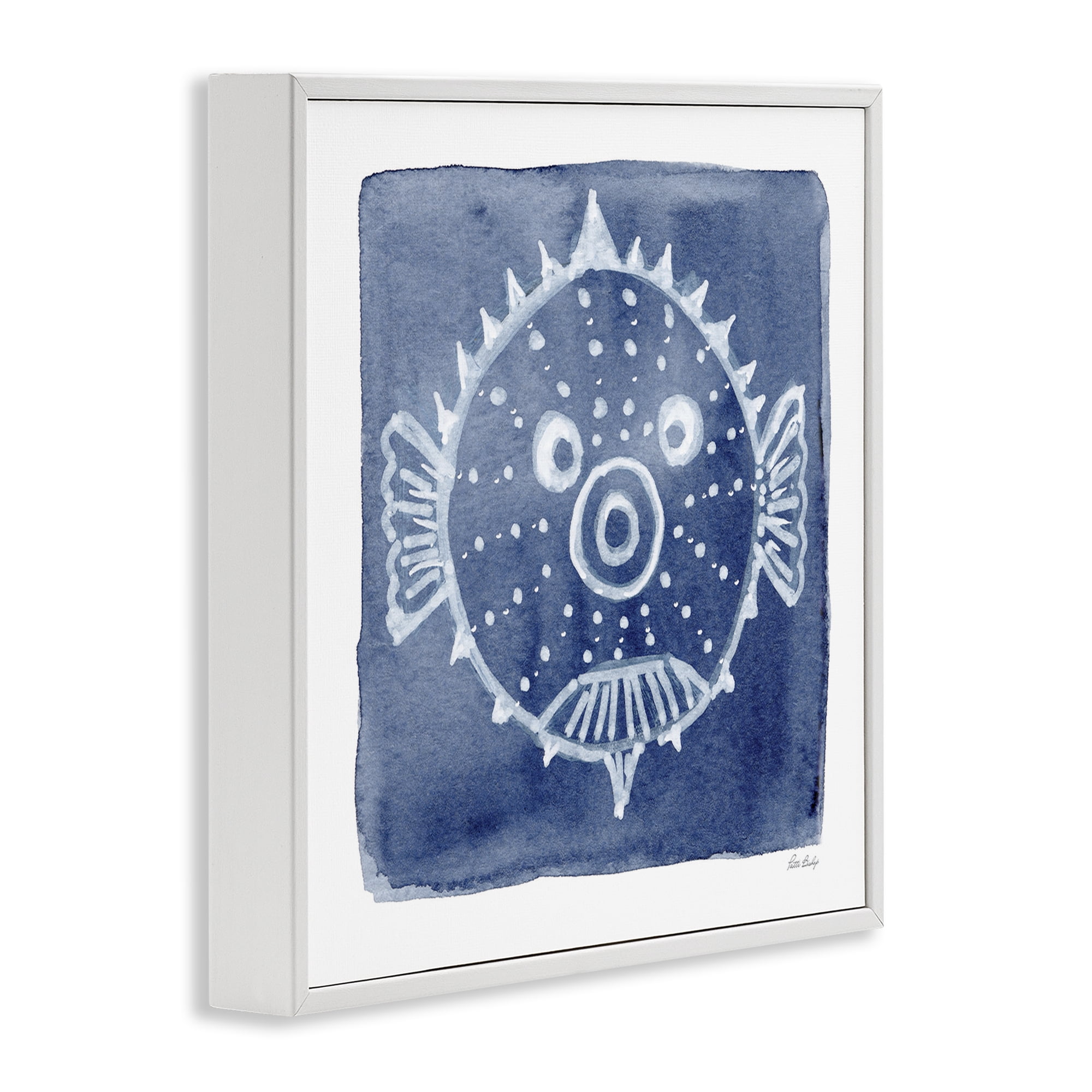 Stupell Industries White Blow Fish on Indigo White Framed Giclee Art, design by Patti Bishop