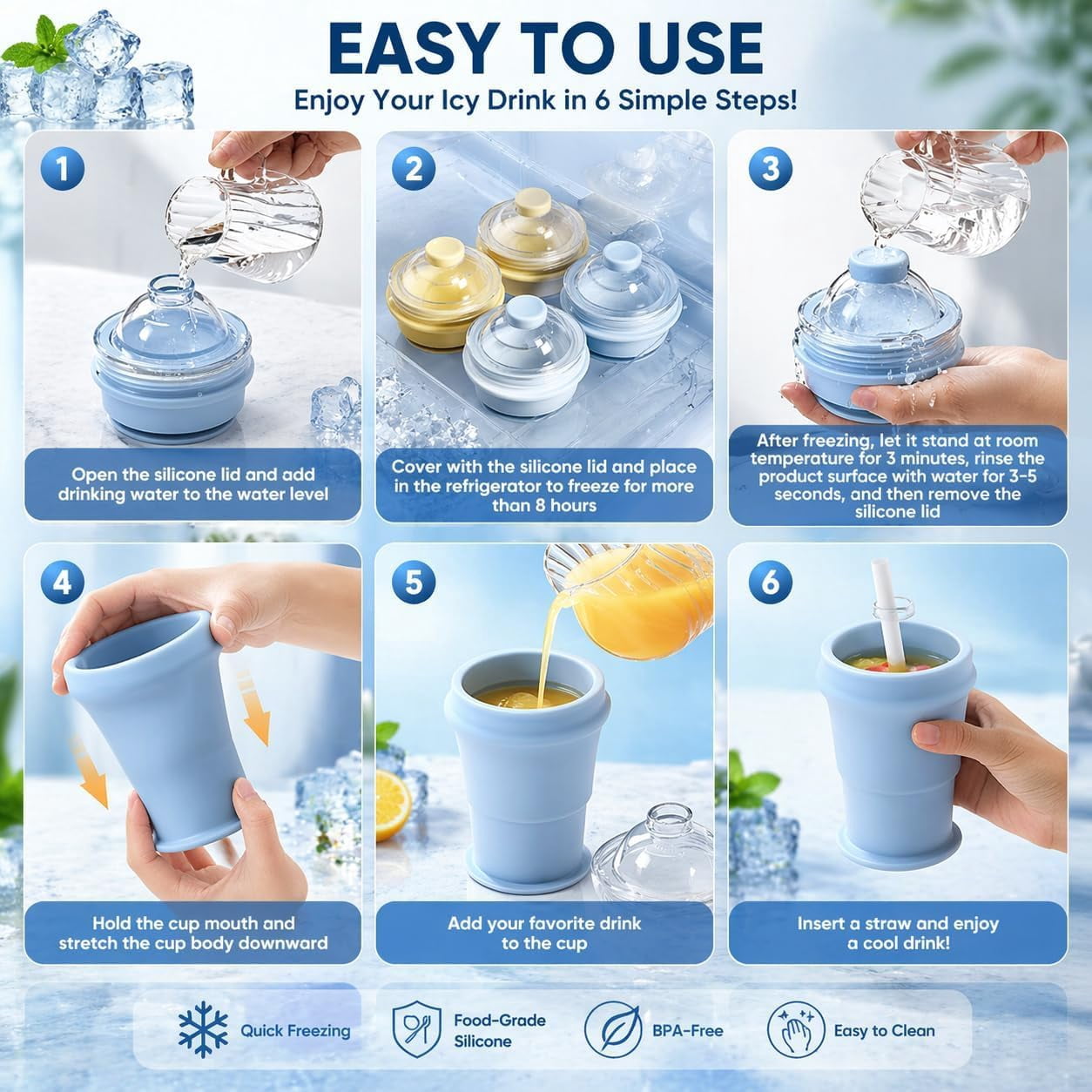 2-in-1 Collapsible Silicone Ice Ball Maker Cup, Foldable Ice Ball Drink Cup, Reusable Portable Silicone Ice Sphere Mold Bottle with Straw & Lid, Easy Demolding, Leakproof Travel Tumbler (Blue)