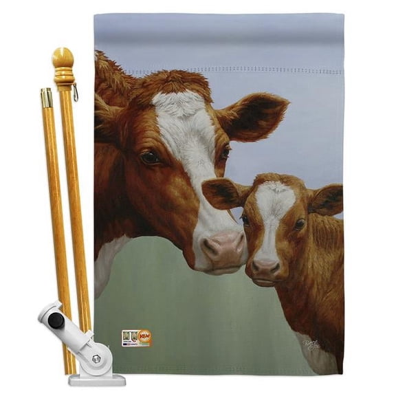 Breeze Decor BD-FA-HS-110095-IP-BO-D-US16-AL 28 x 40 in. Cow & Calf Nature Farm Animals Impressions Decorative Vertical Double Sided House Flag Set with Pole Bracket & Hardware