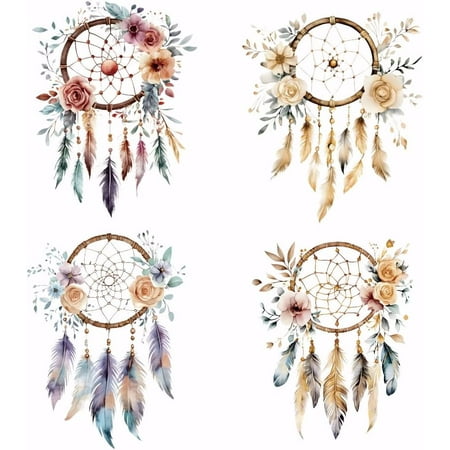 4 PCS Dreamcatcher Heat Transfer Floral Dreamcatcher Iron-On Transfers Plastic Film Logo Stickers Set Clothing Iron on Decals for T-Shirt Canvas Bags Jackets DIY Crafts