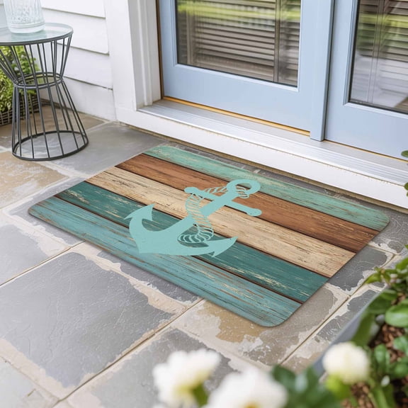 Turquoise Anchor Door Mat Indoor Outdoor, Nautical Brown Green Retro Wood Grain Non Slip Welcome Mat with Rubber Backing, Absorbent Fabric Front Door Mats Entryway Rug for Home Patio Entrance 24"x36"