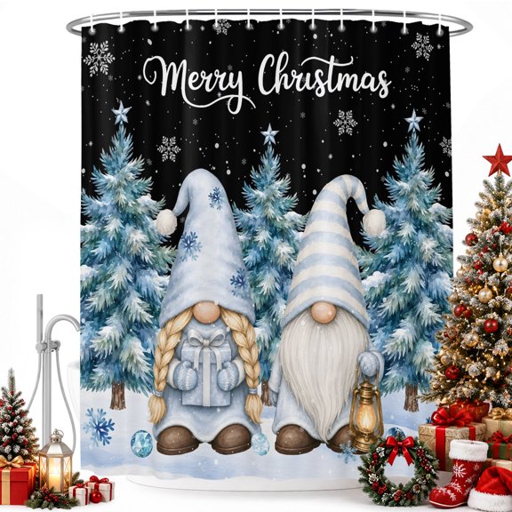 Christmas Gnome Xmas Tree Shower Curtain for Bathroom, Winter Snowflake on Black Waterproof Shower Curtains Washable Quick Dry with Hooks Bathtub Curtains 36x72IN