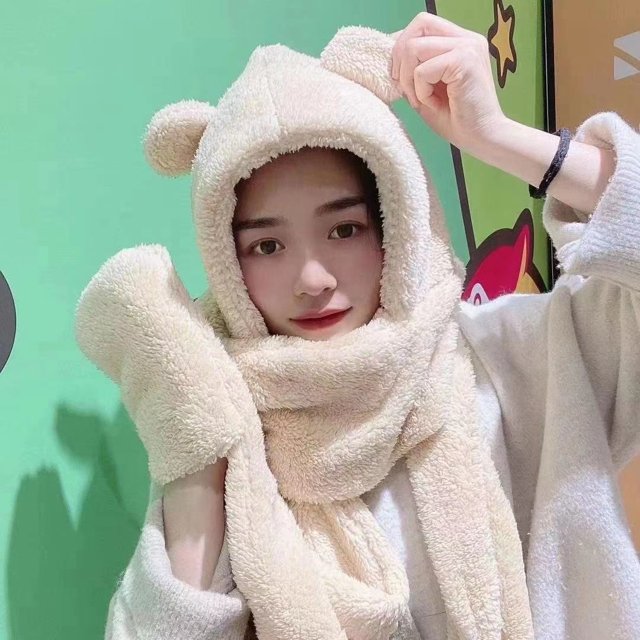 Conjunto de tres piezas de gorro y bufanda con orejas de oso de peluche para otoño e invierno, dulce y lindo, cálido para las orejas