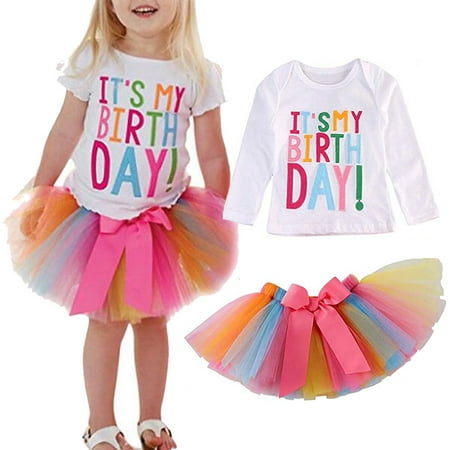 2PCS Toddler Baby Girls Birthday Print T-shirt Tops Tutu Tulle Skirt Outfits Sets 80