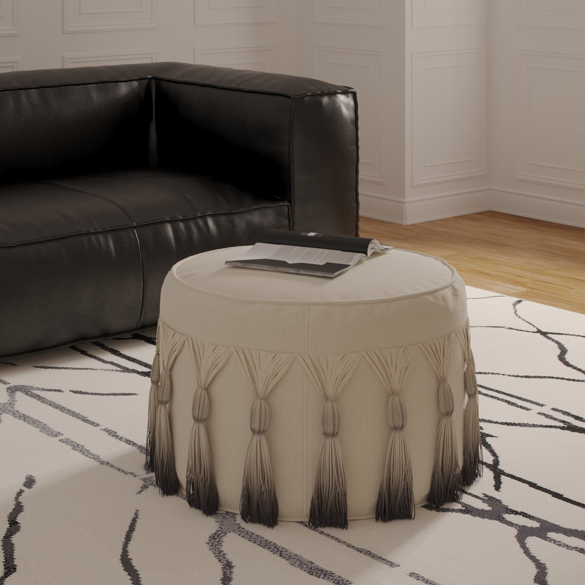 LR Home Small Tassels Ombre Indoor Round Pouf, Natural/Grey, 20" x 20" x 14"