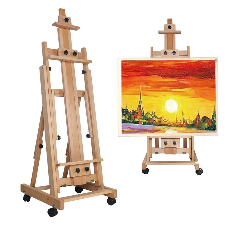 Wuzstar Wooden Art Easel Studio H-Frame Artist Beechwood Floor Easel  Painting Canvas Holder Stand W/ Wheels 56 to 91 Adjustable