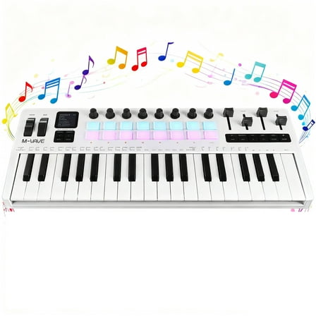 Electronic Keyboards,37 Key USB MIDI Keyboard Controller With 8 Backlit Drum Pads, 8 Knobs and Music Production,Software Included (White)