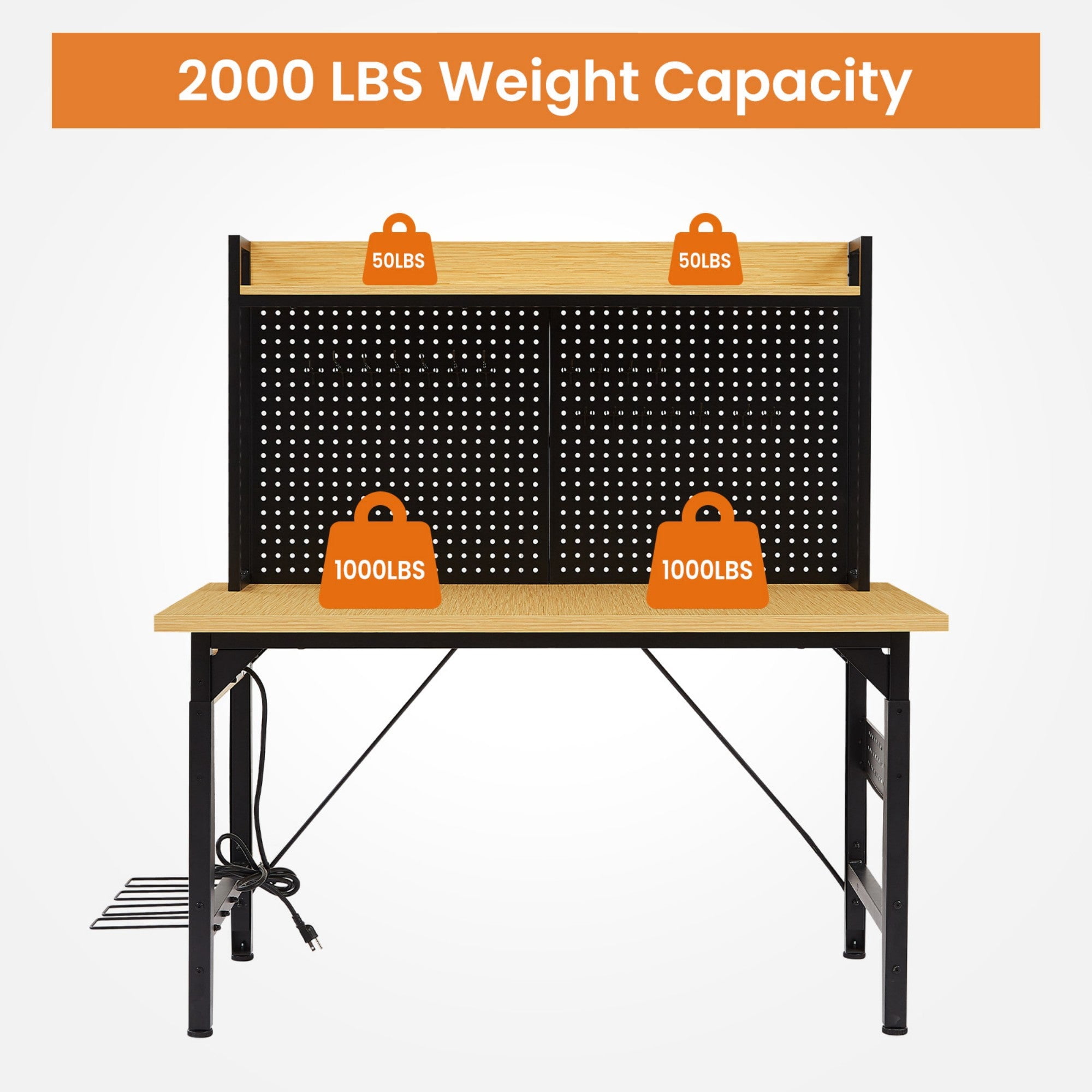 Sailvan 48" Adjustable Workbench with Pegboard, Heavy Duty Wooden Desktop, 1600LBS Load
