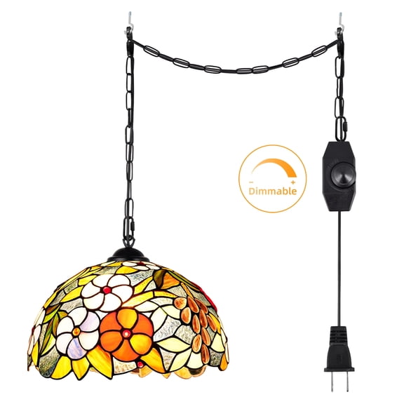 Hlite Tiffany Plug in Pendant Light with Cord,Multicolor Flower Stained Glass Shade(12.4in),Dimmable Swag Hanging Ceiling Light Fixtures for Kitchen Island,Bulb Not Included