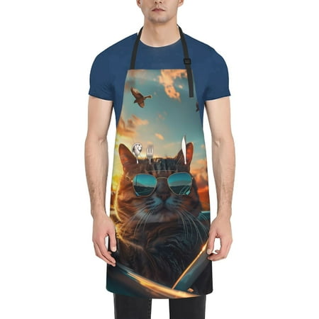 

Vsdgher Cool Cat Driving Sunset Waterproof Apron with 2 Pockets Kitchen Chef Aprons Bibs for Grooming Cooking Baking Painting Gardening