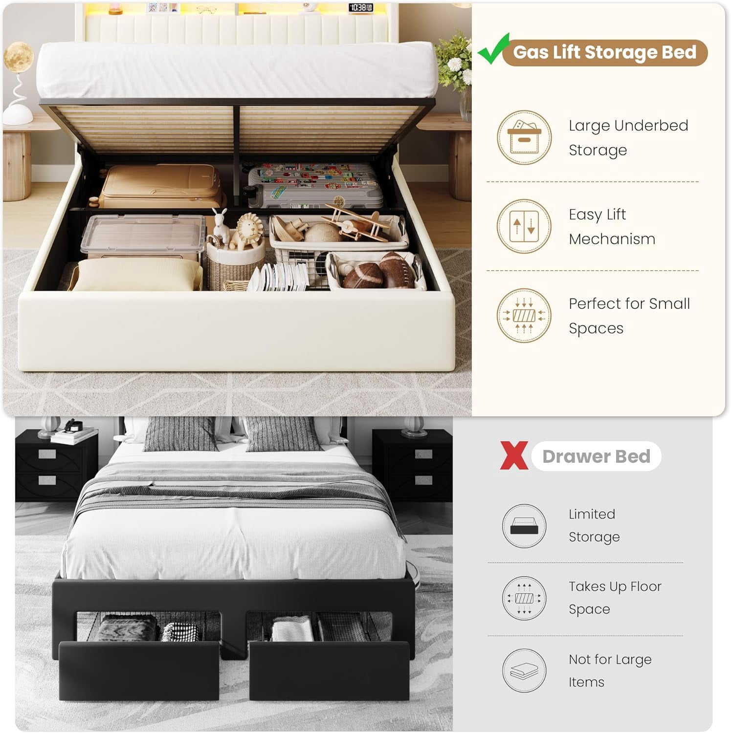 SHA CERLIN Queen Size Lift Up Storage Bed Frame, LED Lights, Charging Station, 2-Tier Shelves Headboard, USB Type-C Ports, Velvet Upholstered, Hydraulic Support, Noise Free, Cream