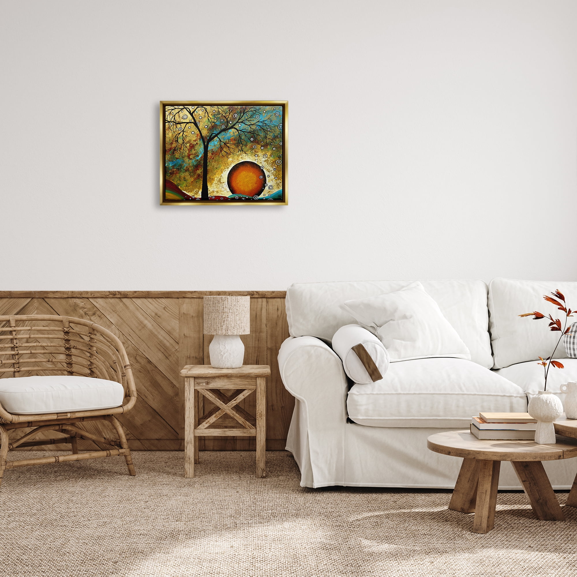 Stupell Industries Boho Tree Scenery Abstract Painting Gold Floater Framed Art Print Wall Art, 21 x 17
