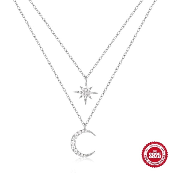HESHPAWS 925 Sterling Silver Double Layered Necklace of Stars and Moon, for Women Jewelry Gifts with Gift Box Mother's Day Gifts for Women Mom
