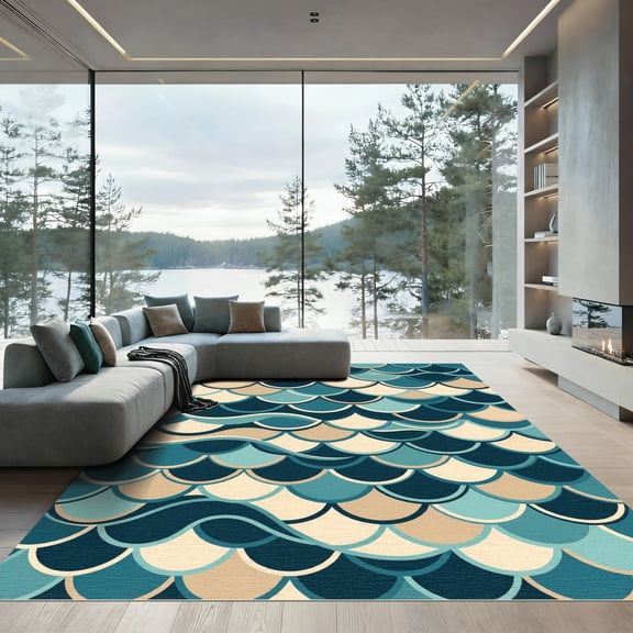 ODIKA 4'x6' Machine Washable Non-Slip Area Rug, Geometric Teal High Traffic Rug, Blue, 1239168