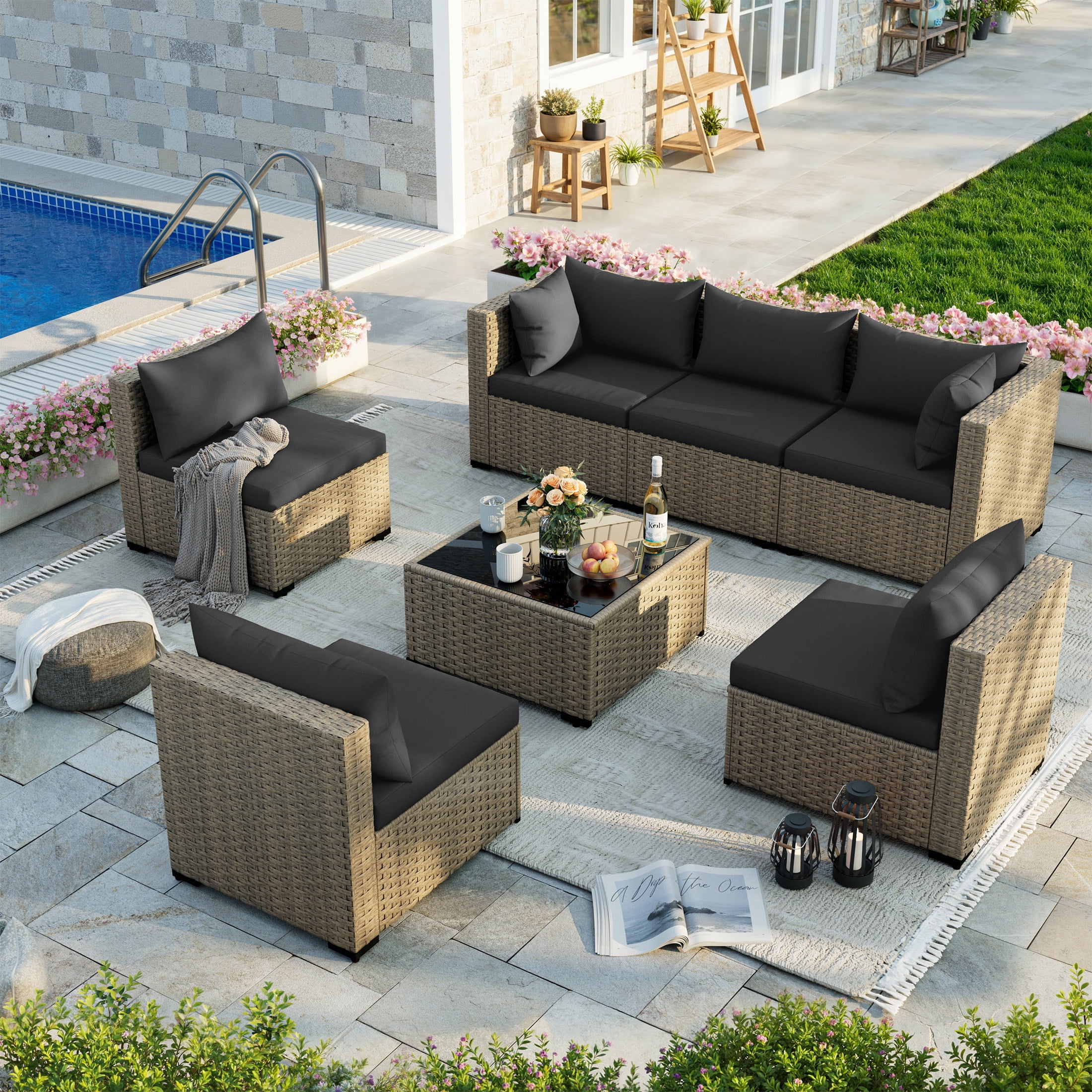 POTEBAN Patio Furniture Set, 7-Piece Outdoor Sectional All-Weather Wicker Patio Conversation Set for Backyard (Black Cushions with Gray Rattan)